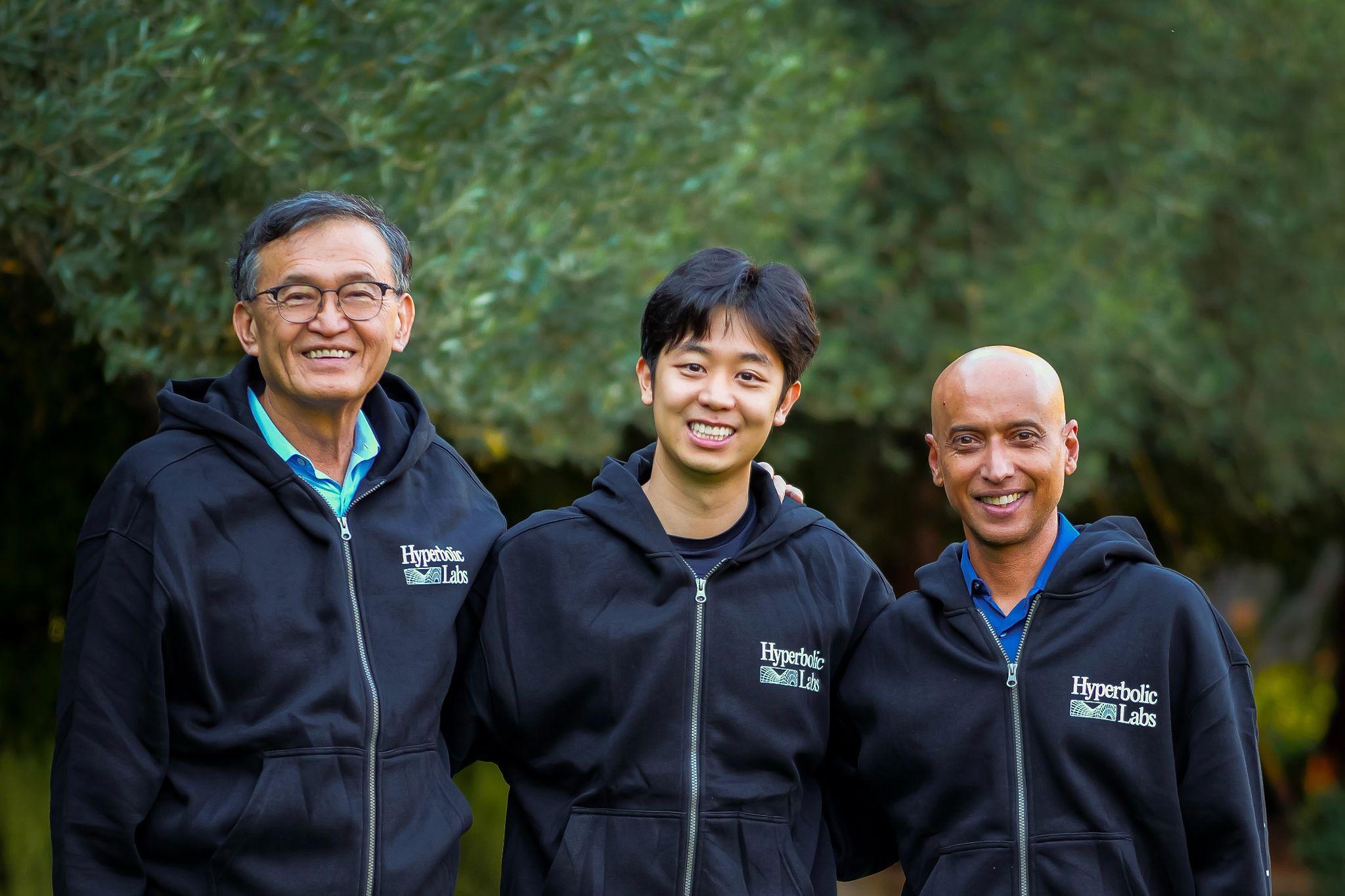 Lip-Bu Tan, Jasper Zhang, and Shankar Chandran in Hyperbolic Labs hoodies